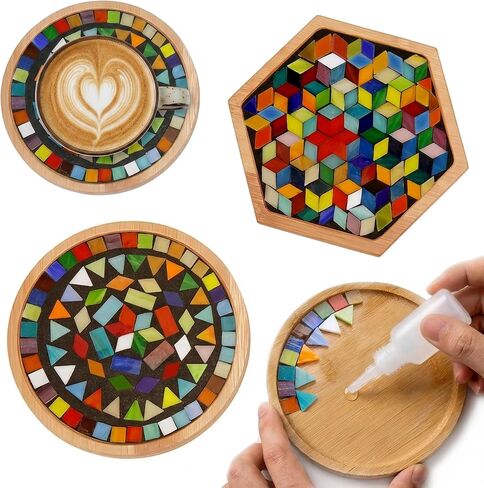 DIY Mosaic Tiles Crafts Kits for Adults, Mixed Stained Glass Mosaic Kit with 2 PCS Wooden Coaster Making Materials Package,Mosaic Adult Crafts for Women Beginners Handmade Home Decor Gifts in Saudi Arabia
