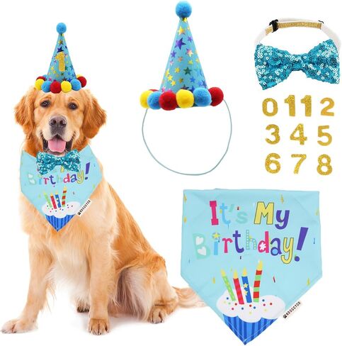ADOGGYGO Dog Birthday Bandana Hat Set Dog Puppy Birthday Party Supply Dog Bandana Boy Puppy Birthday Hat Scarf for Small Medium Dog Pet (Navy Blue) in Kuwait