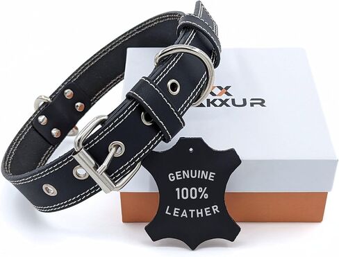Genuine Real Leather Dog Collar for Medium Dogs, Heavy Duty Strong and Wide Dog Collar for Large and Extra Large Dogs, Classic Handmade Thick Collars for Large Breed Dogs (Large, Black) in Kuwait