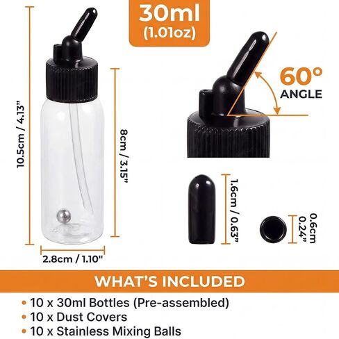 10 Pack 30ml Airbrush Bottles, Siphon Feed Plastic Jars with Lids in Saudi Arabia