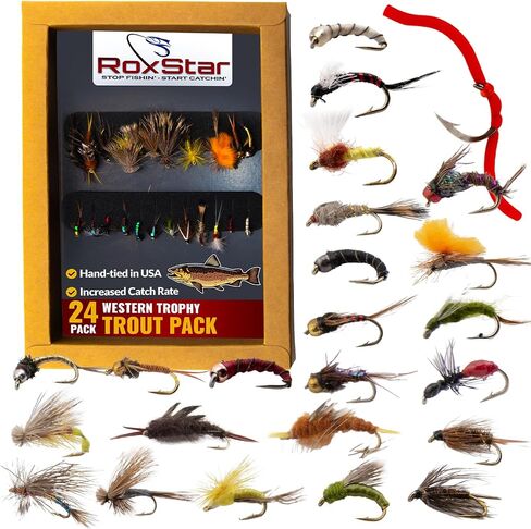 RoxStar Fly Fishing Shop | Proudly Hand Tied in The USA | Western Trout Fly Assortment | Top 24 Producing Trout Flies for The West | Gift Box Included | (24 Pack) in Kuwait