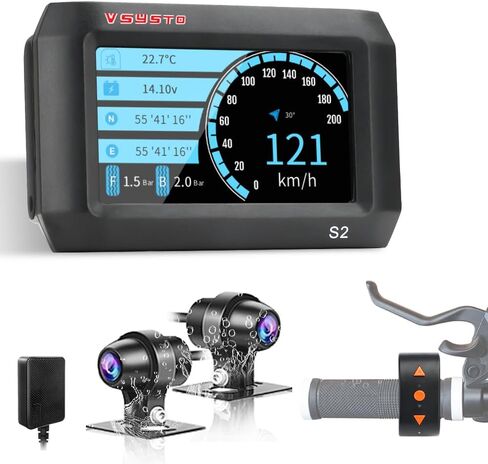 VSYSTO 4.5 Inch Screen WiFi Motorcycle Dash Cam, Waterproof HD 1080P Selfie & Front & Rear Camera 150° Wide Angle Fish Eye Lens, Tire Pressure Sensors, Parking Monitoring, GPS(Black-4.5InchPro) in Kuwait