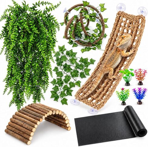 هيركوتشي ملحقات خزان التنين الملتحي، ارجوحة جسر للزواحف مرنة - كرمة واوراق تسلق الغابة مع اكواب شفط، ديكور الموطن للاختباء والتسلق والثعبان والبريص والسحلية والحرباء in Kuwait