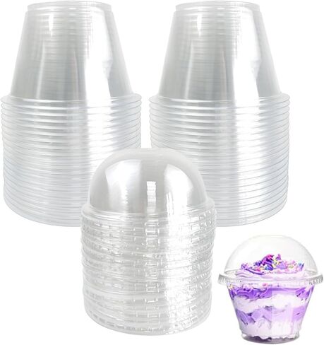 100 Pack 10 Oz Clear Stackable Disposable Plastic Cups with Flat Lids, 300ml PET Ice Cream Cups with Lids Dessert Containers for Party Cold Drinks Pudding Jello Fruits Juice Milkshake Tiramisu Cake in Kuwait
