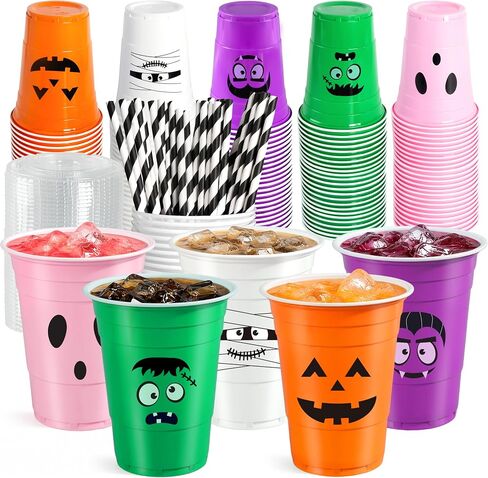 50 Pack Halloween Plastic Cups - Colorful 16Oz Disposable Drinking Cups, Vampire Mummy Monster Ghost Pumpkin Party Cups for Halloween Party Favors Coffee Wine Hot Cold Drinks (5 Designs) in Saudi Arabia