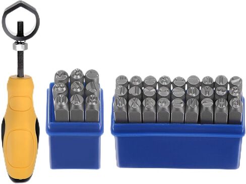 HARFINGTON 36pcs Metal Stamping Kit 1/8" (3mm) (A-Z, 0-8, "&" Symbol) Steel Letter Punch Press Tool with Holder to Stamp on Metal, Plastic, Wood, Leather, Silver in Kuwait