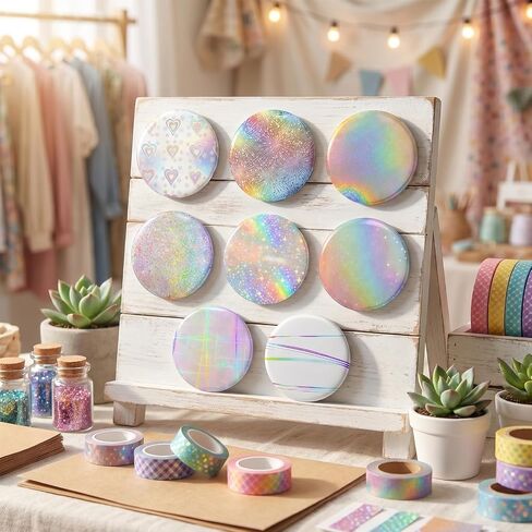200 Pcs Badge Protective Film 70mm (2.76 in), 8 Styles of Holographic Glitter, 2.25 Inch 58mm No-Trim Button Making Supplies for Badge Pins and Fridge Magnets in Kuwait