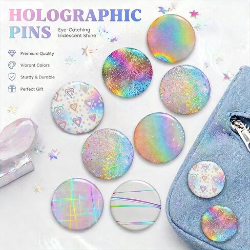 200 Pcs Badge Protective Film 70mm (2.76 in), 8 Styles of Holographic Glitter, 2.25 Inch 58mm No-Trim Button Making Supplies for Badge Pins and Fridge Magnets in Kuwait