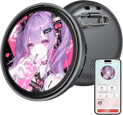 Digital Pin, Digital Badge with Touch Screen LED Display, Customizable Anime Style Wearable, Smart Button for Sports Events, Festivals, Cosplay and Fandoms（Support GIF, Multi/Single Imgs, Marquee） in Kuwait