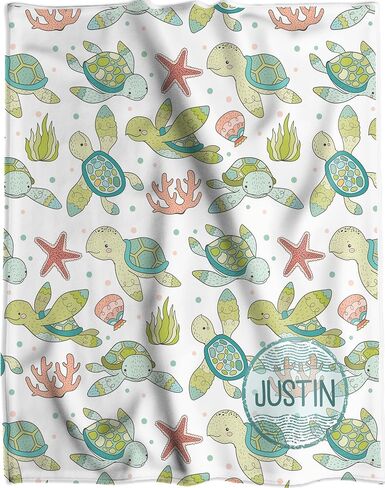 Personalized Baby Name Blanket for Nursery Crib Throw or Toddler Bed | Cute Sea Turtles and Starfish Nautical Theme for Baby Girl or Boy - Lightweight Silky Soft Minky Fleece in Saudi Arabia