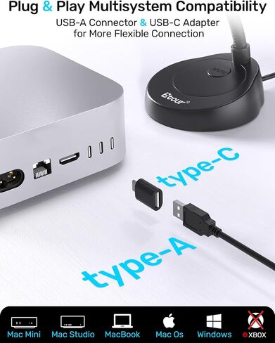 ميكروفون كمبيوتر صغير USB من Etour لاجتماعات التكبير مع زر كتم الصوت 360 درجة معقوفة للبودكاست/يوتيوب/سكايب، ميكروفون ألعاب USB خارجي C لجهاز Samsung Tablet A7 والكمبيوتر المحمول Mac PC أو Windows in Kuwait