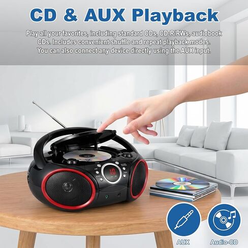 SBX030C Portable CD Player Boombox with AM/FM Stereo Radio, Aux Line-in, Headphone Jack, Top-Loading Disc Player, AC or Battery Powered, Foldable Handle (Black with Grey Rims) in Saudi Arabia