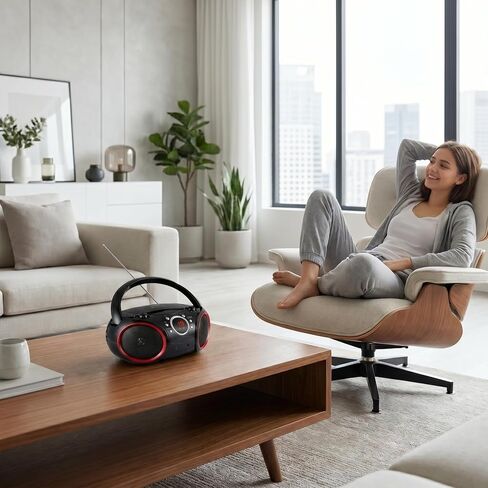 SBX030C Portable CD Player Boombox with AM/FM Stereo Radio, Aux Line-in, Headphone Jack, Top-Loading Disc Player, AC or Battery Powered, Foldable Handle (Black with Grey Rims) in Saudi Arabia