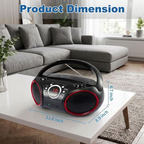 SBX030C Portable CD Player Boombox with AM/FM Stereo Radio, Aux Line-in, Headphone Jack, Top-Loading Disc Player, AC or Battery Powered, Foldable Handle (Black with Grey Rims) in Saudi Arabia