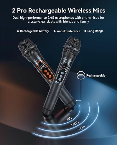 GKD40 Portable Karaoke Machine for Kids & Adults, Bluetooth Speaker with PA System, 2 Wireless Rechargeable Microphones, LED Party Speaker with 4' Woofers & LED Light for Home, Outdoor Party & Singing in Kuwait