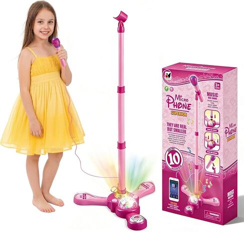 Kids Microphone with Stand – Adjustable Microphone Stand for Kids with Rotational Flashing Lights & Pedals, Karaoke Machine for Kids, Microphone for Kids – Sing-Along Gift for Girls and Boys in Saudi Arabia