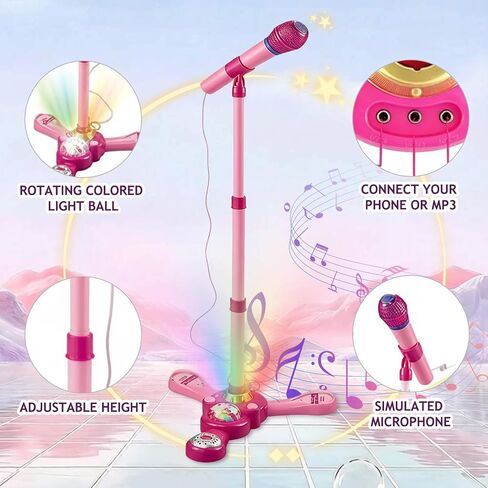 Kids Microphone with Stand – Adjustable Microphone Stand for Kids with Rotational Flashing Lights & Pedals, Karaoke Machine for Kids, Microphone for Kids – Sing-Along Gift for Girls and Boys in Saudi Arabia