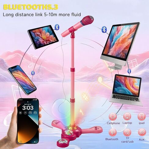 Kids Microphone with Stand – Adjustable Microphone Stand for Kids with Rotational Flashing Lights & Pedals, Karaoke Machine for Kids, Microphone for Kids – Sing-Along Gift for Girls and Boys in Saudi Arabia