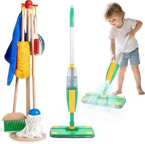 WOODMAM Wooden Kids Cleaning Set, Toddler Cleaning Toys with Broom and Mop in Kuwait