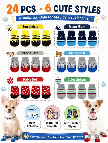 Sadnyy 24 Pcs Dog Socks for Extra Small Dogs Non Slip Puppy Shoe with Gripper Anti Slip Pet Bootie to Prevent Licking Cute Doggie Paw Protector for Hardwood Floor Prevent Scratching Wound Hot Pavement in Kuwait