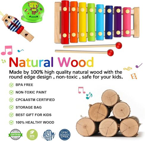 Kids Musical Instruments Set, 20 Pcs Wooden Percussion Instruments for Children with Tambourine Xylophone Maracas, Preschool Musical Toys Set for Ages 2+ Boys and Girls with Carrying Bag in Kuwait