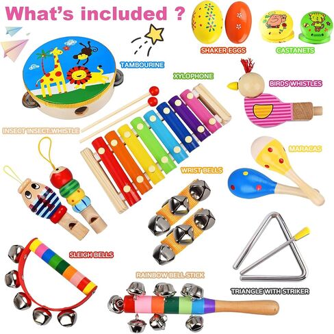 Kids Musical Instruments Set, 20 Pcs Wooden Percussion Instruments for Children with Tambourine Xylophone Maracas, Preschool Musical Toys Set for Ages 2+ Boys and Girls with Carrying Bag in Kuwait