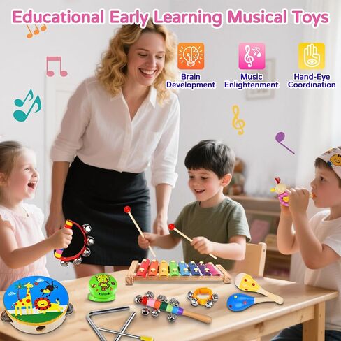 Kids Musical Instruments Set, 20 Pcs Wooden Percussion Instruments for Children with Tambourine Xylophone Maracas, Preschool Musical Toys Set for Ages 2+ Boys and Girls with Carrying Bag in Kuwait