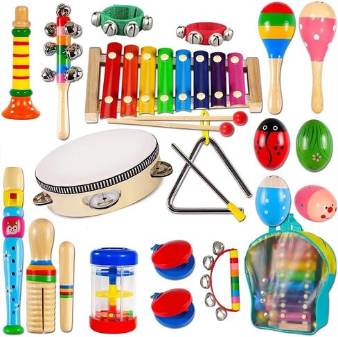Kids Musical Instruments Set, 20 Pcs Wooden Percussion Instruments for Children with Tambourine Xylophone Maracas, Preschool Musical Toys Set for Ages 2+ Boys and Girls with Carrying Bag in Kuwait