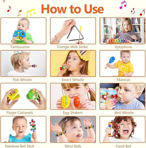 Kids Musical Instruments Set, 20 Pcs Wooden Percussion Instruments for Children with Tambourine Xylophone Maracas, Preschool Musical Toys Set for Ages 2+ Boys and Girls with Carrying Bag in Kuwait
