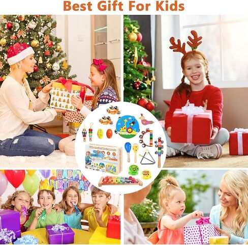 Kids Musical Instruments Set, 20 Pcs Wooden Percussion Instruments for Children with Tambourine Xylophone Maracas, Preschool Musical Toys Set for Ages 2+ Boys and Girls with Carrying Bag in Kuwait