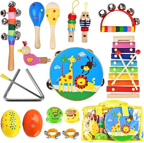 Kids Musical Instruments Set, 20 Pcs Wooden Percussion Instruments for Children with Tambourine Xylophone Maracas, Preschool Musical Toys Set for Ages 2+ Boys and Girls with Carrying Bag in Kuwait