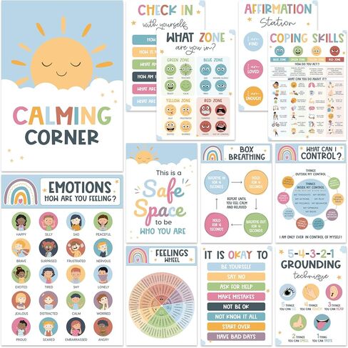 BEAWART 12 Calming Corner Classroom Posters (10x14) - Feelings Wheel Chart & Emotions Poster For Kids, Calm Down Corner Supplies For Therapy Office Decor, Mental Health Wall Decorations For Preschool in Kuwait
