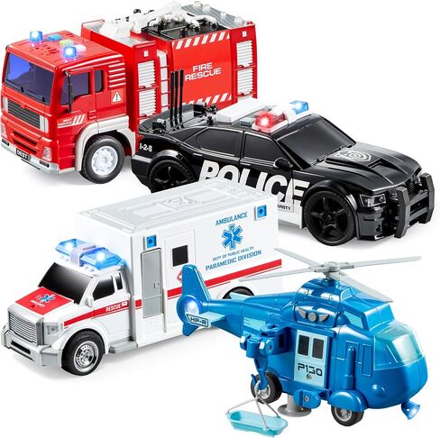 JOYIN 4 Packs Emergency Vehicle Toy Playsets, Friction Powered Vehicles with Light and Sound, Including Fire Truck, Ambulance, Play Police Car and Helicopter, Christmas Toddler Kids Boys Gifts in Kuwait