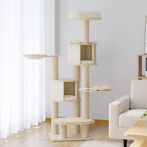 KAMABOKO Modern Cat Tree, 64" Wooden Cat Tree Tower w/Natural Sisal Posts, Cat Tree for Indoor Cats with Condo, Hammock & Top Perch, Washable Cushions for Climb Scratch Play Rest in Kuwait