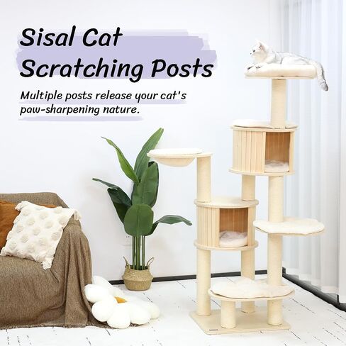 KAMABOKO Modern Cat Tree, 64" Wooden Cat Tree Tower w/Natural Sisal Posts, Cat Tree for Indoor Cats with Condo, Hammock & Top Perch, Washable Cushions for Climb Scratch Play Rest in Kuwait