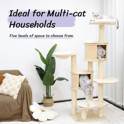 KAMABOKO Modern Cat Tree, 64" Wooden Cat Tree Tower w/Natural Sisal Posts, Cat Tree for Indoor Cats with Condo, Hammock & Top Perch, Washable Cushions for Climb Scratch Play Rest in Kuwait