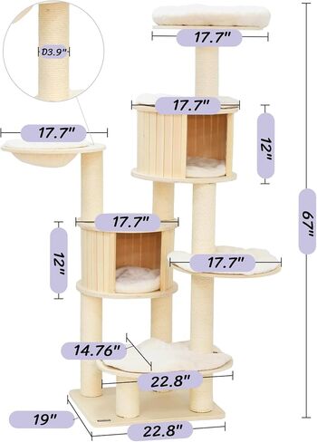 KAMABOKO Modern Cat Tree, 64" Wooden Cat Tree Tower w/Natural Sisal Posts, Cat Tree for Indoor Cats with Condo, Hammock & Top Perch, Washable Cushions for Climb Scratch Play Rest in Kuwait