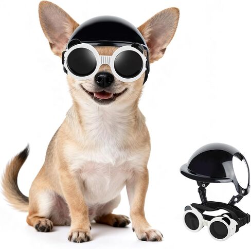Extra Small Dog Goggles and XSmall Dog Helmet, 2Pcs Anti-UV Doggy Sunglasses Cat Motorcycle Protecetive Helmet Set, Chihuahua Safety Hard Hat Outdoor Head & Eyes Protection, White XS in Saudi Arabia