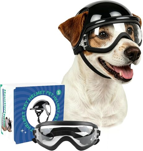 Small Dog Goggles and Pet Helmet Set, Dog Sunglasses Anti-UV Windproof, Safety Motorcycle Helmet with Ear Holes for Small Breeds, Head& Eyes Protection, Black S in Saudi Arabia