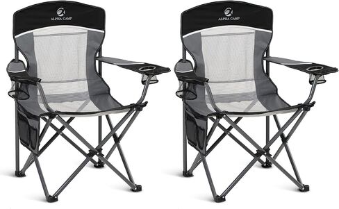 ALPHA CAMP Oversized Camping Folding Chair, Heavy Duty Support 450 LBS Steel Frame Collapsible Padded Arm Chair with Cup Holder Quad Lumbar Back, Portable for Outdoor,Black in Kuwait