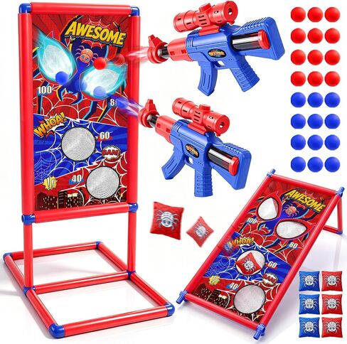 2-in-1 Target Shooting Toys Set, Kids Toy with Hero-Style Target & 2 Air Pump Guns, 24 Foam Balls, Cornhole Board Bean Bag Toss Game Shooting Games Boy Toys for Age 5 6 7 8 9 10 12 in Kuwait