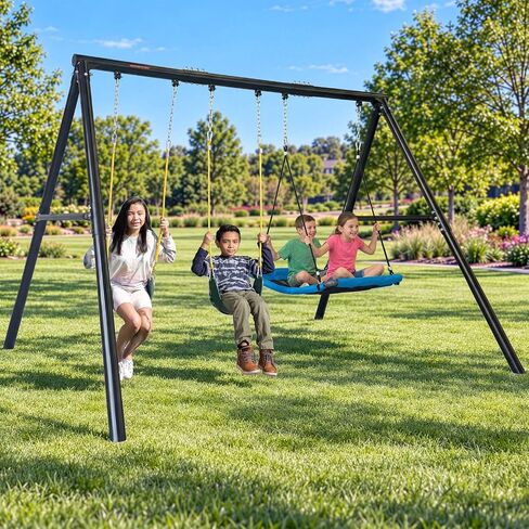 Sportspower Mt. Steel 6.4FT Heavy Duty 1200 lbs Max Weight Capacity Metal Swing Set for Kids & Adults, Steel-Core Ropes with 2 Sling Swings, 2-Person Skyflyer Swing, Bonus Trapeze Swing in Kuwait