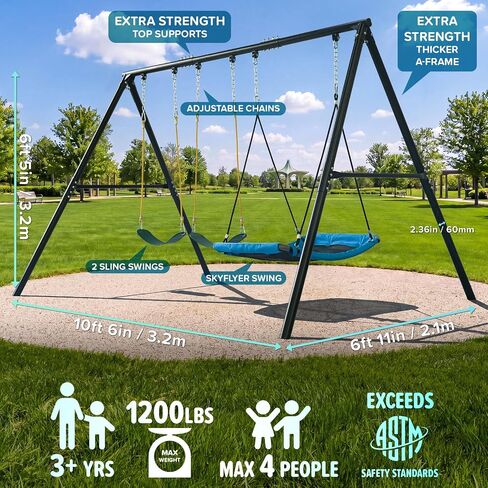 Sportspower Mt. Steel 6.4FT Heavy Duty 1200 lbs Max Weight Capacity Metal Swing Set for Kids & Adults, Steel-Core Ropes with 2 Sling Swings, 2-Person Skyflyer Swing, Bonus Trapeze Swing in Kuwait