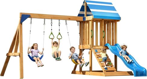 Albott Kids Outdoor Wooden Swing Set with Wave Slide in Saudi Arabia