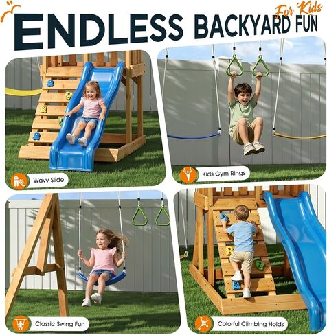 Albott Kids Outdoor Wooden Swing Set with Wave Slide in Saudi Arabia