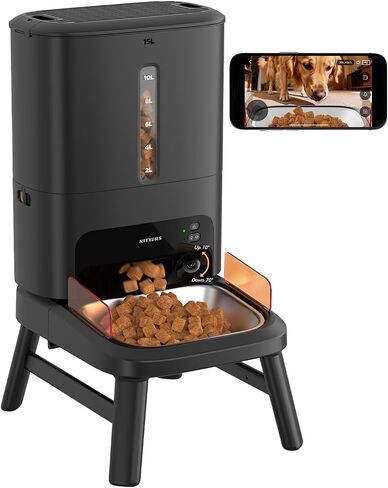 Automatic Dog Feeder for Large Breed with Camera - 15L/ 63 Cups Anti-Clog 5G WiFi Dog Food Dispenser for 2-23mm Kibble, Elevated Stand, Large Food Tray, 1080P HD Video with Night Vision, Keeps Fresh in Saudi Arabia
