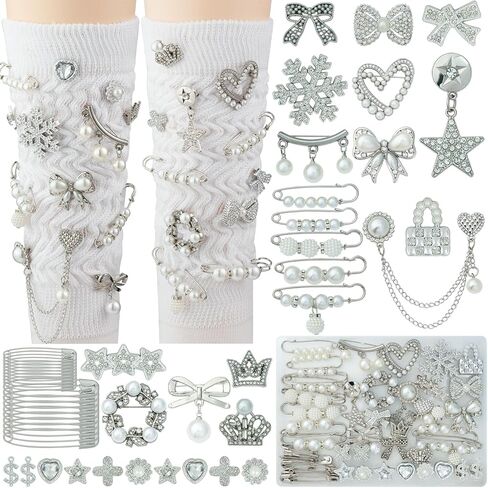 DoDoBeads 55 Pcs Silver Shoe Charms for Sneakers, Silver Junk Socks Charms Kit, Pearl and Rhinestone Sock Charm with Safety Pins, DIY Accessories for Decorating and Personalizing Socks Shoes Hats in Saudi Arabia