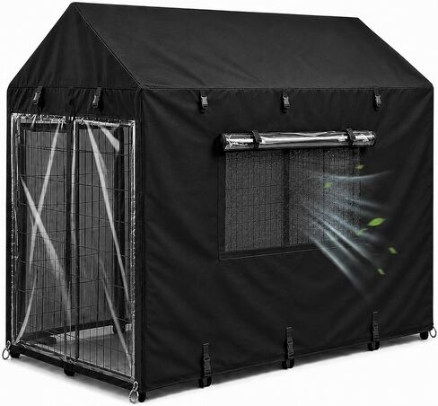 Outdoor Dog Kennel Cover 8 x 4 x 6 ft, 600D Heavy-Duty Waterproof, Full Coverage Outdoor Weather Protection with Mesh Ventilation & Clear Windows, Durable Wind-Resistant Design, Cover Only in Saudi Arabia