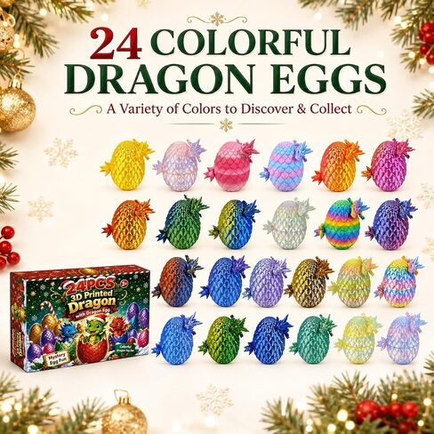 تقويم Advent 2025،24pcs بيض التنين المطبوع ثلاثي الأبعاد مع التنين من الداخل ، وتصميم الانزلاق الواقعي التنين المتحرك ، والتنين ثلاثي الأبعاد المطبوع ، ومقتنيات الحيوانات ثلاثية الأبعاد للبالغين والأطفال (24pcs-multicolor) in Kuwait