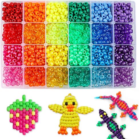 Quefe 2880pcs Pony Beads Kit Rainbow Beads Plastic Bead for Craft 6 x 9mm 24 Colors 4 Styles Large Hole Beads Set for Bracelets Jewelry Making in Kuwait